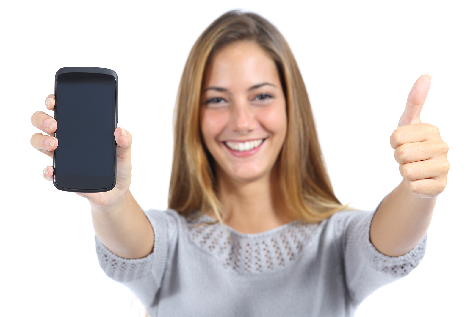 Android smartphone Woman Showing A Smartphone With Thumb Up